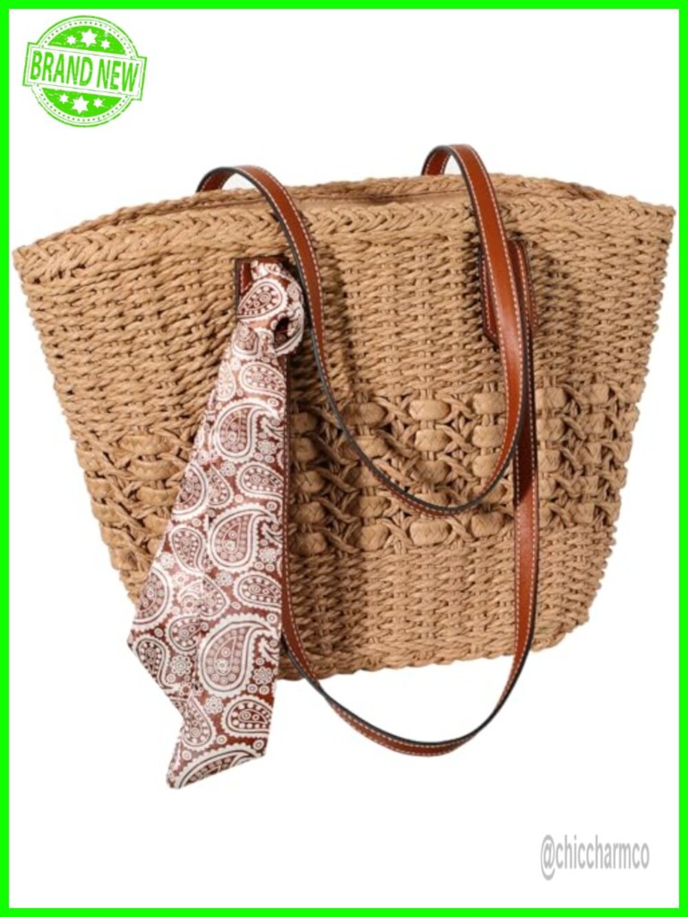 Straw Beach Bag Woven Straw Tote with Silk Scarf Large Capacity Zipper